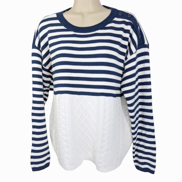 Orvis Sweaters - ORVIS Navy White Preppy Stripe Cable Knit Sweater Sz L